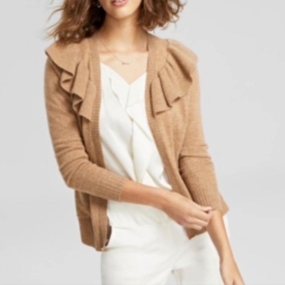 CHARTER CLUB Legacy 100% 2 Ply Cashmere Camel Ruffle Cardigan Sweater NWT Medium